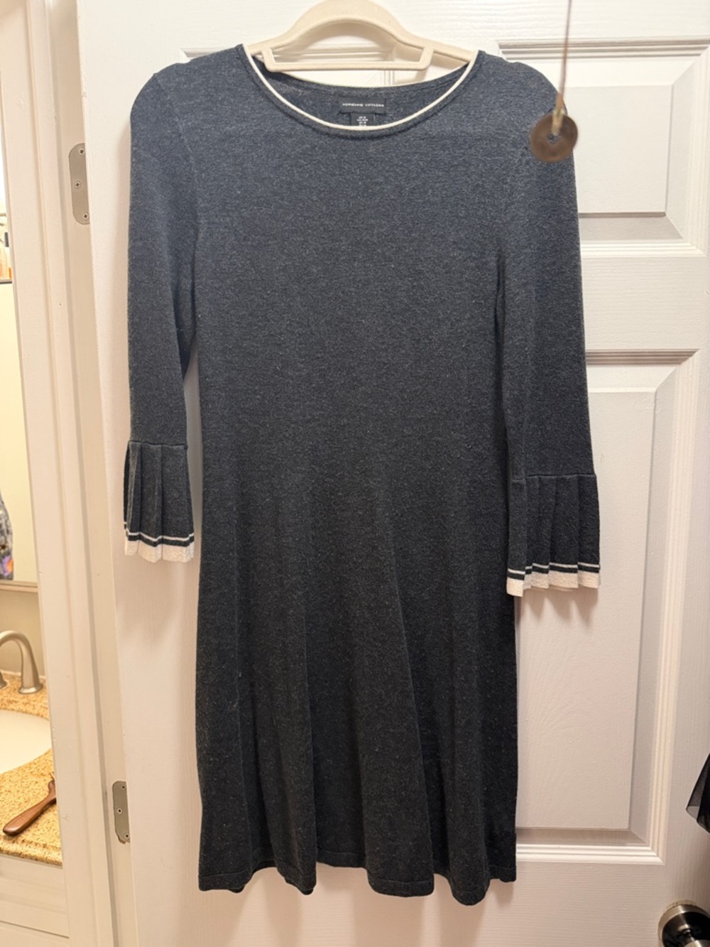 Adrienne Vittadini Navy Knit Long Sleeve Dress with White Trim